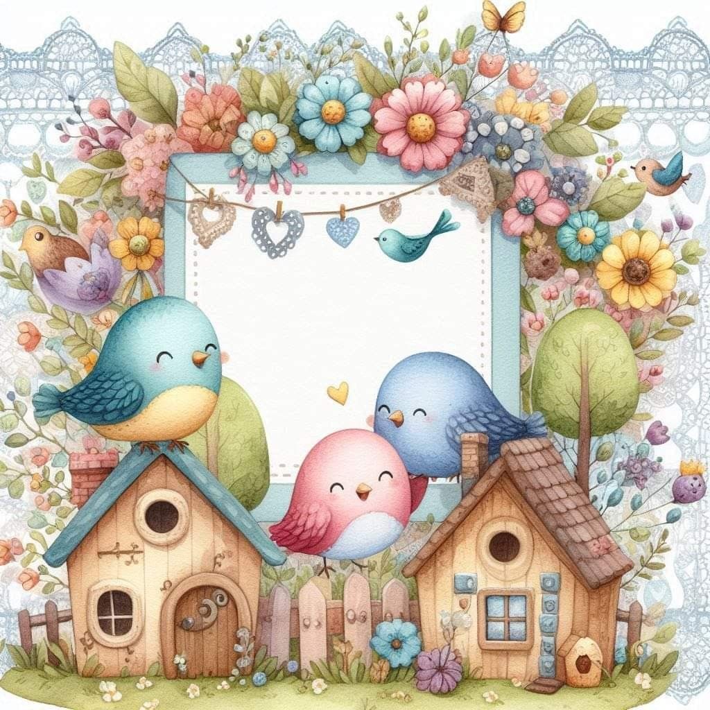 Ilustração delicada com passarinhos e flores